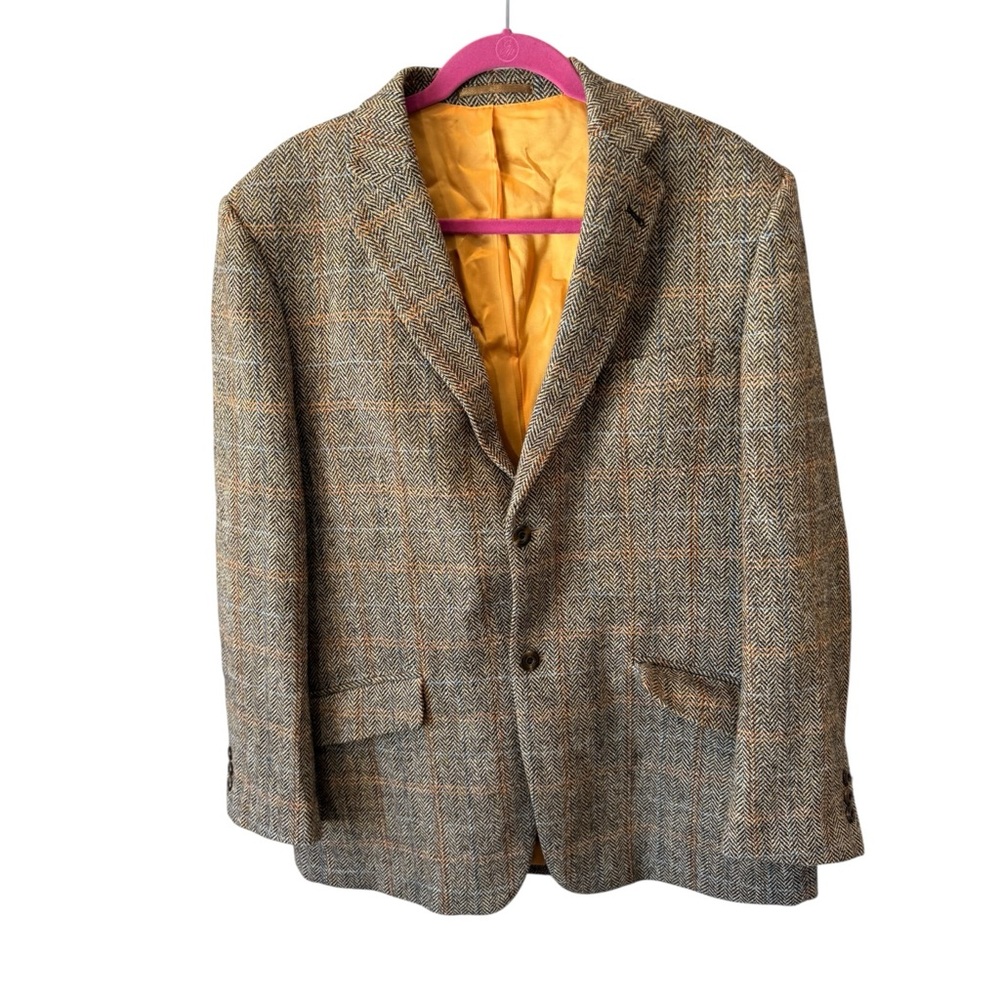 Harris‎ Tweed Blazer Herringbone Brown Wool 42L Windowpane